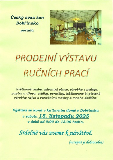 Prodejní výstava ručních prací v Dobřínsku 15.11.2025 Prodejní výstava ručních prací v Dobřínsku 15.11.2025